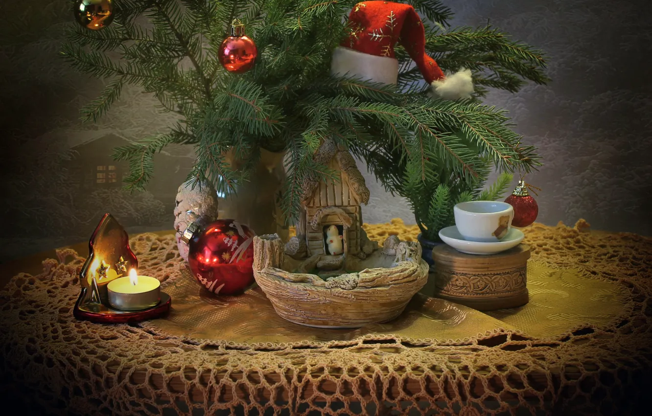 Фото обои ветки, стиль, стол, праздник, коробка, игрушки, новый год, рождество