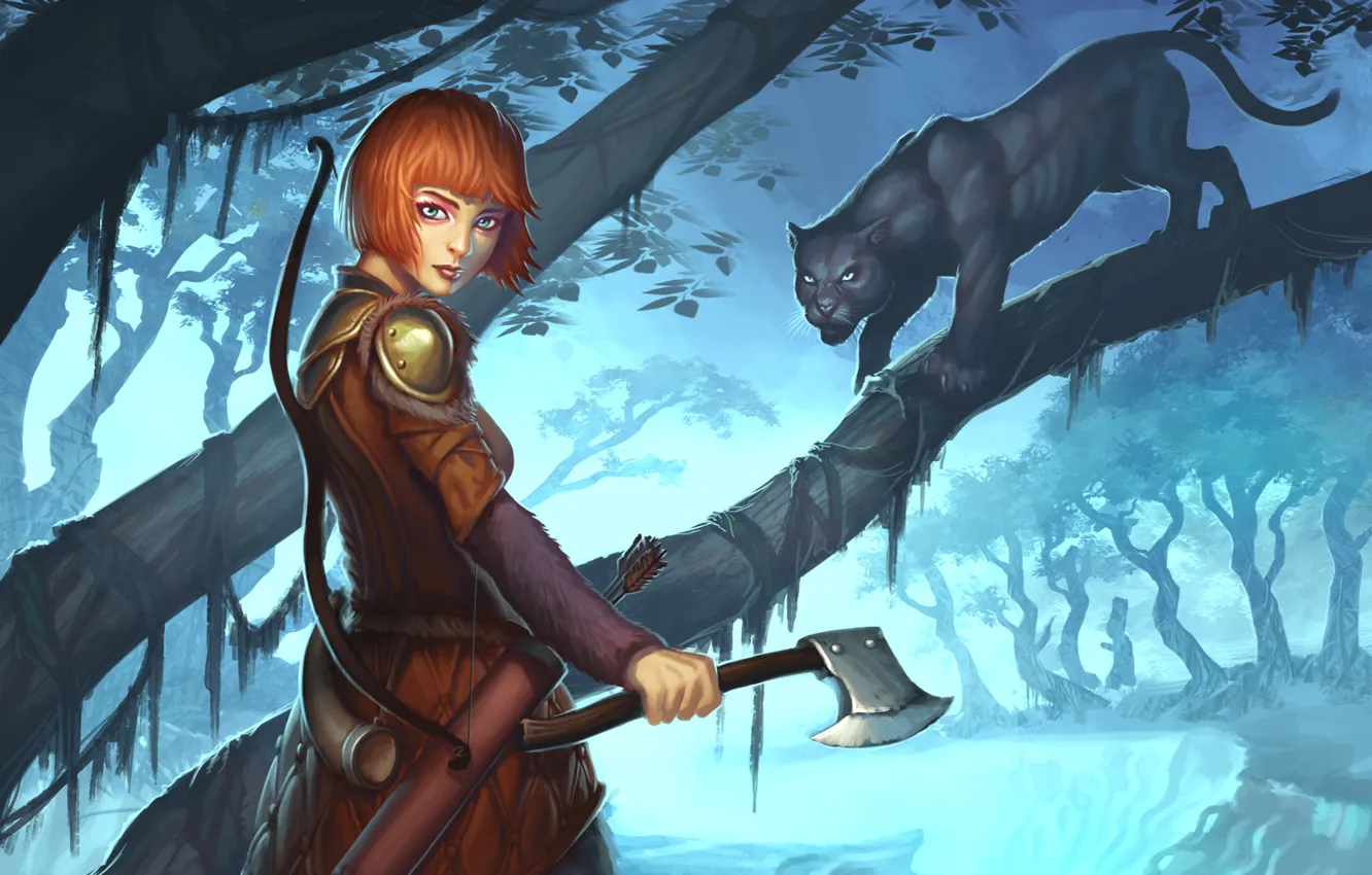 Фото обои кошка, девушка, оружие, дерево, пантера, арт, Guild Wars 2, Ranger