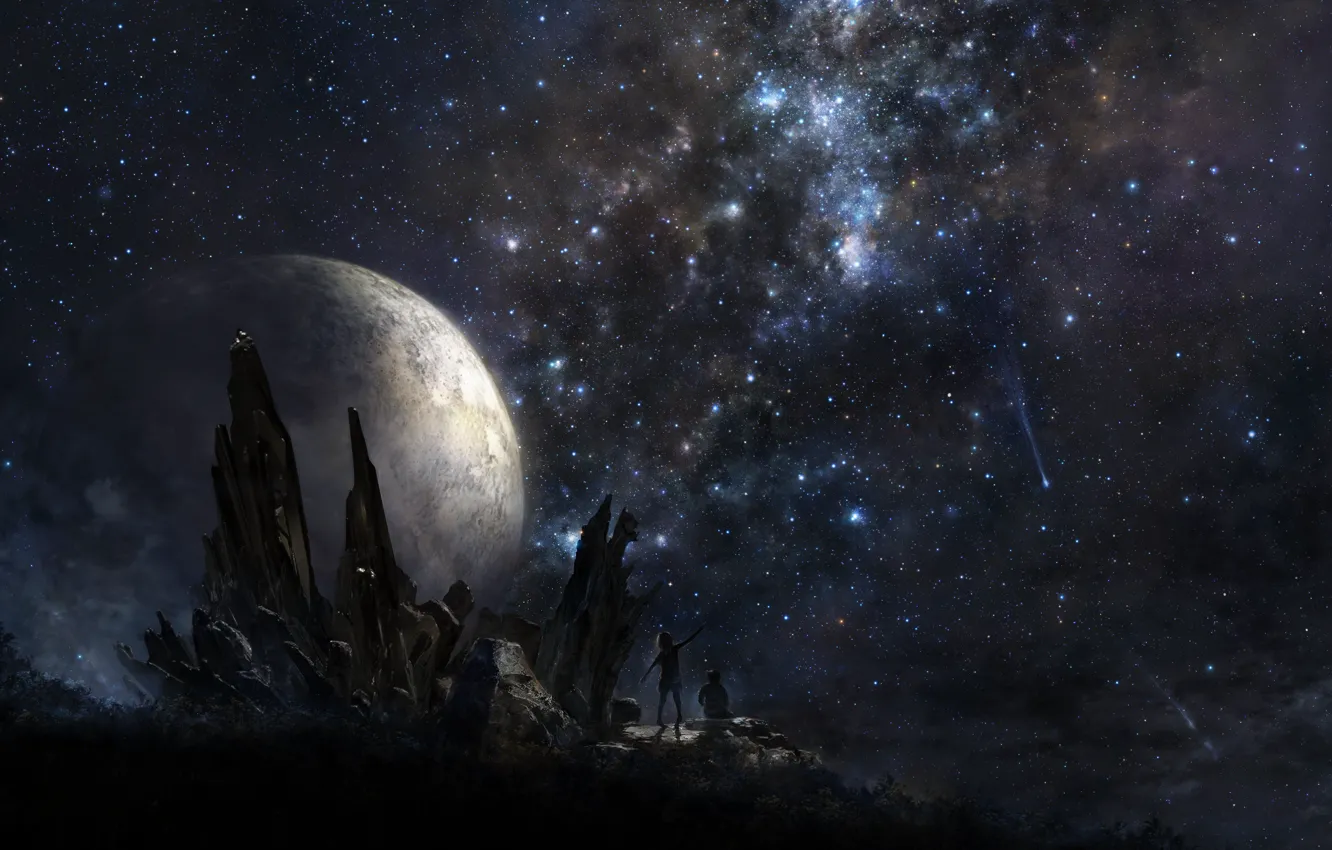 Фото обои космос, звезды, люди, планета, арт, iy tujiki