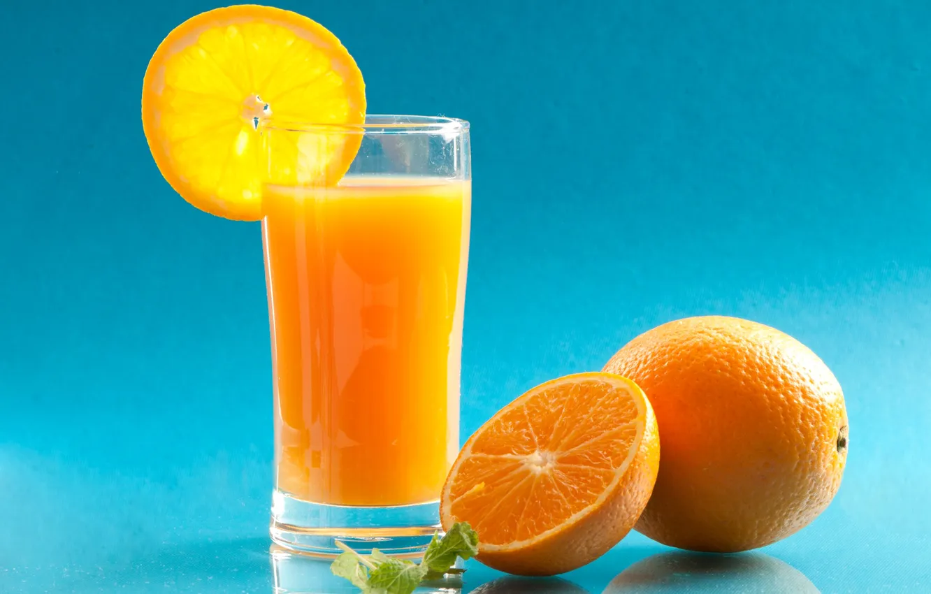 Фото обои стакан, апельсин, долька, сок