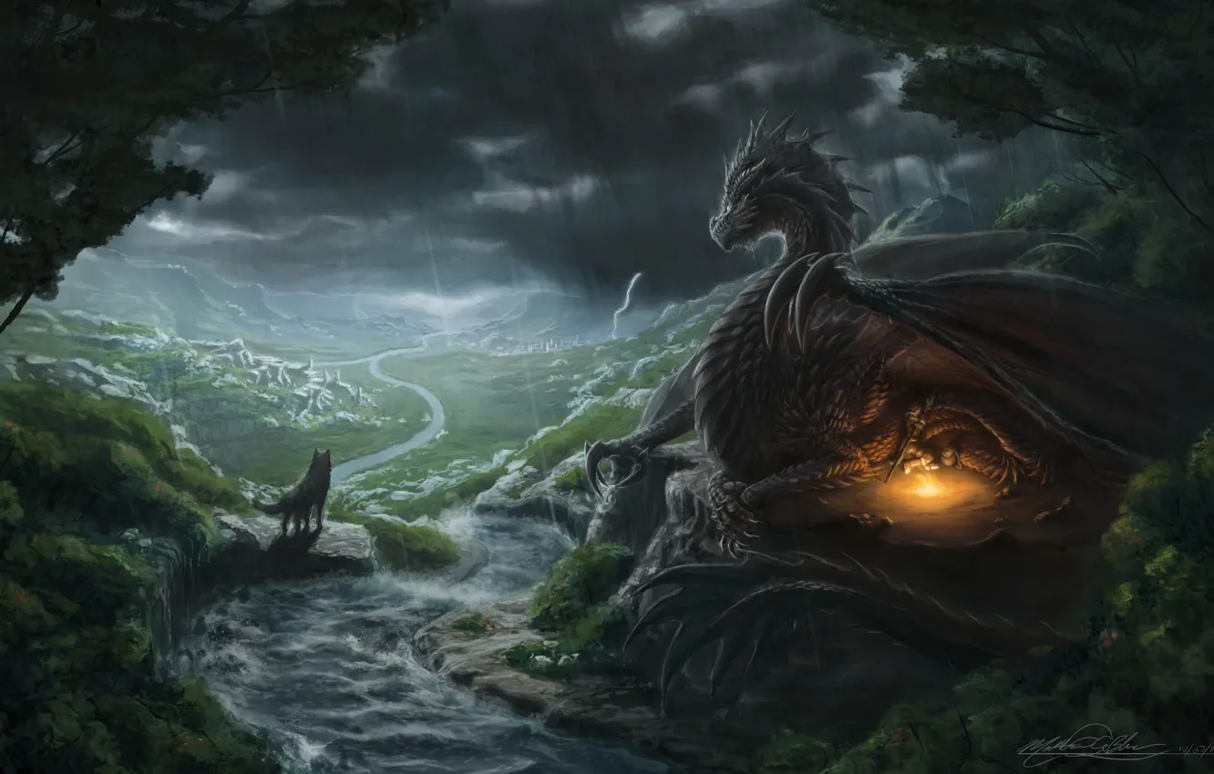 Фото обои фантастика, дракон, человек, крылья, костер, арт, взгляд. дождь