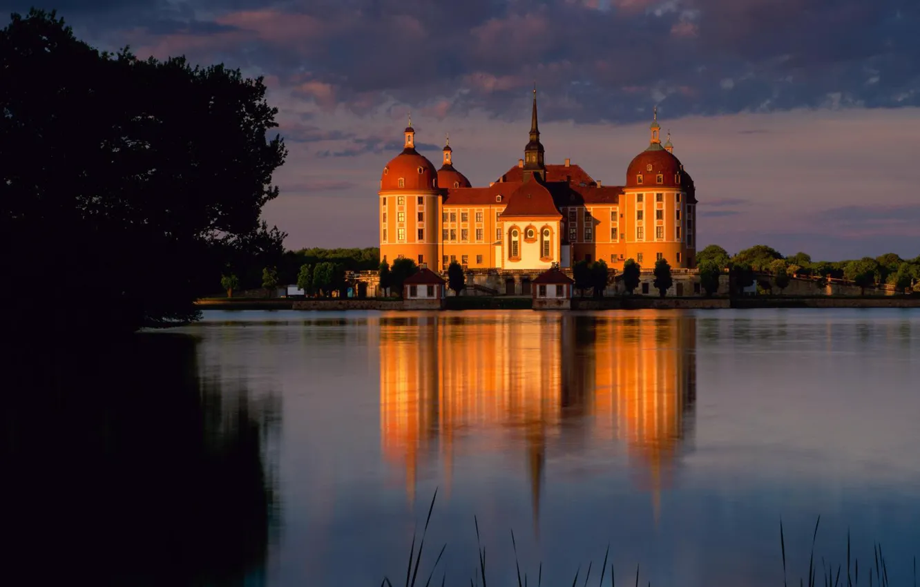 Фото обои закат, озеро, пруд, замок, вечер, Германия, Морицбург