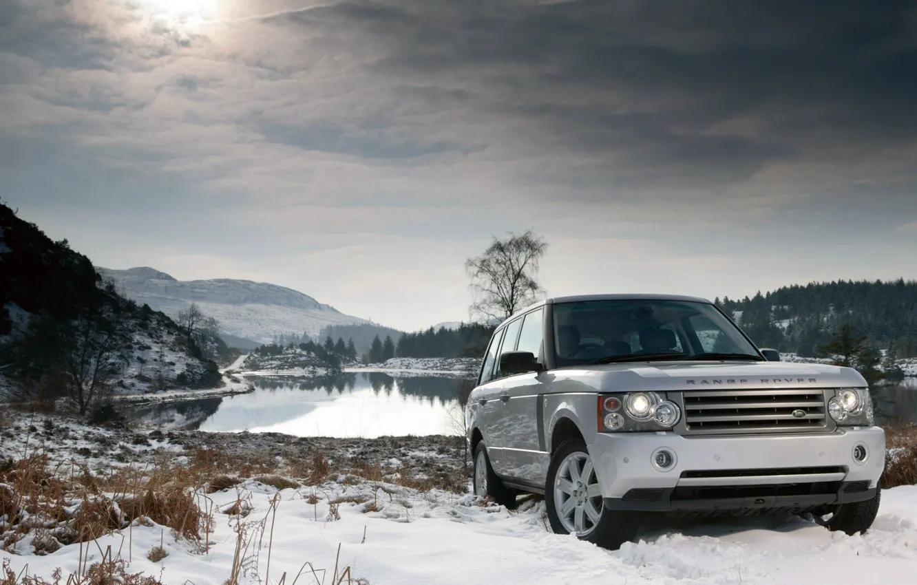 Фото обои зима, снег, озеро, land rover