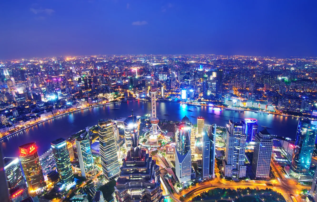 Фото обои река, China, здания, панорама, Китай, Shanghai, Шанхай, ночной город