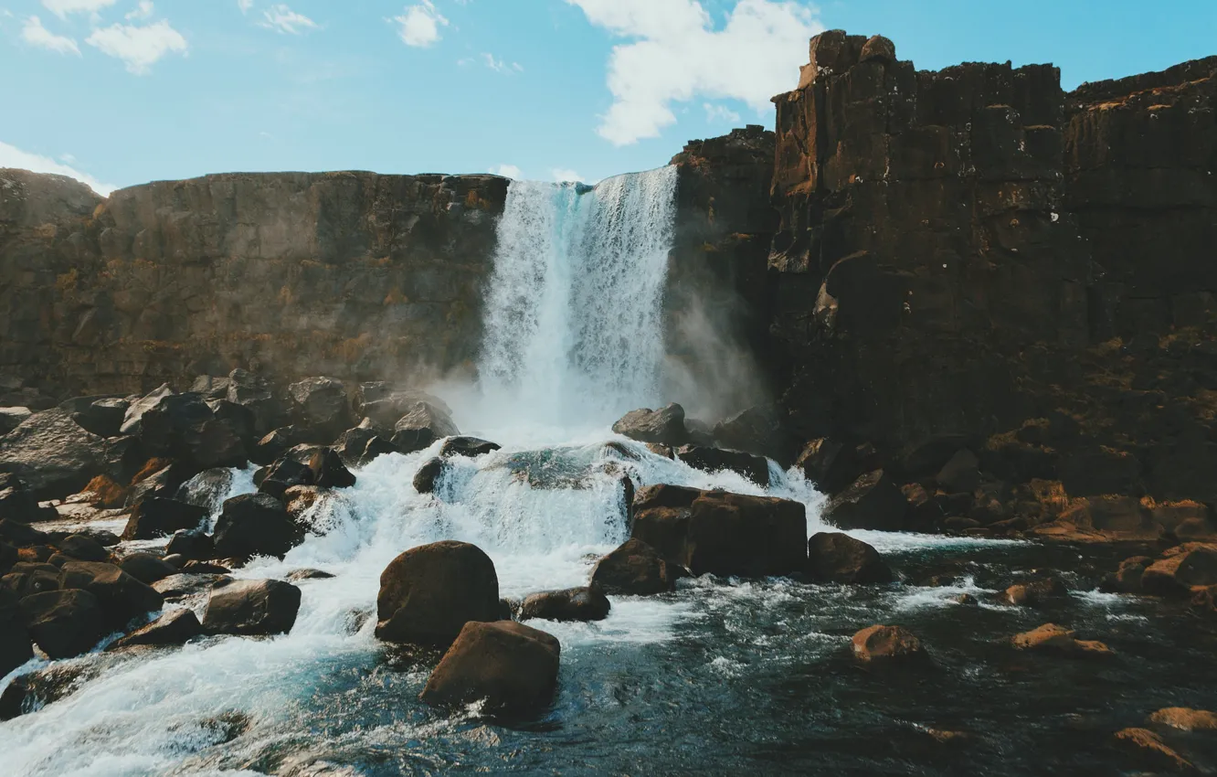 Фото обои sky, rocks, waterfall, stream, sunny