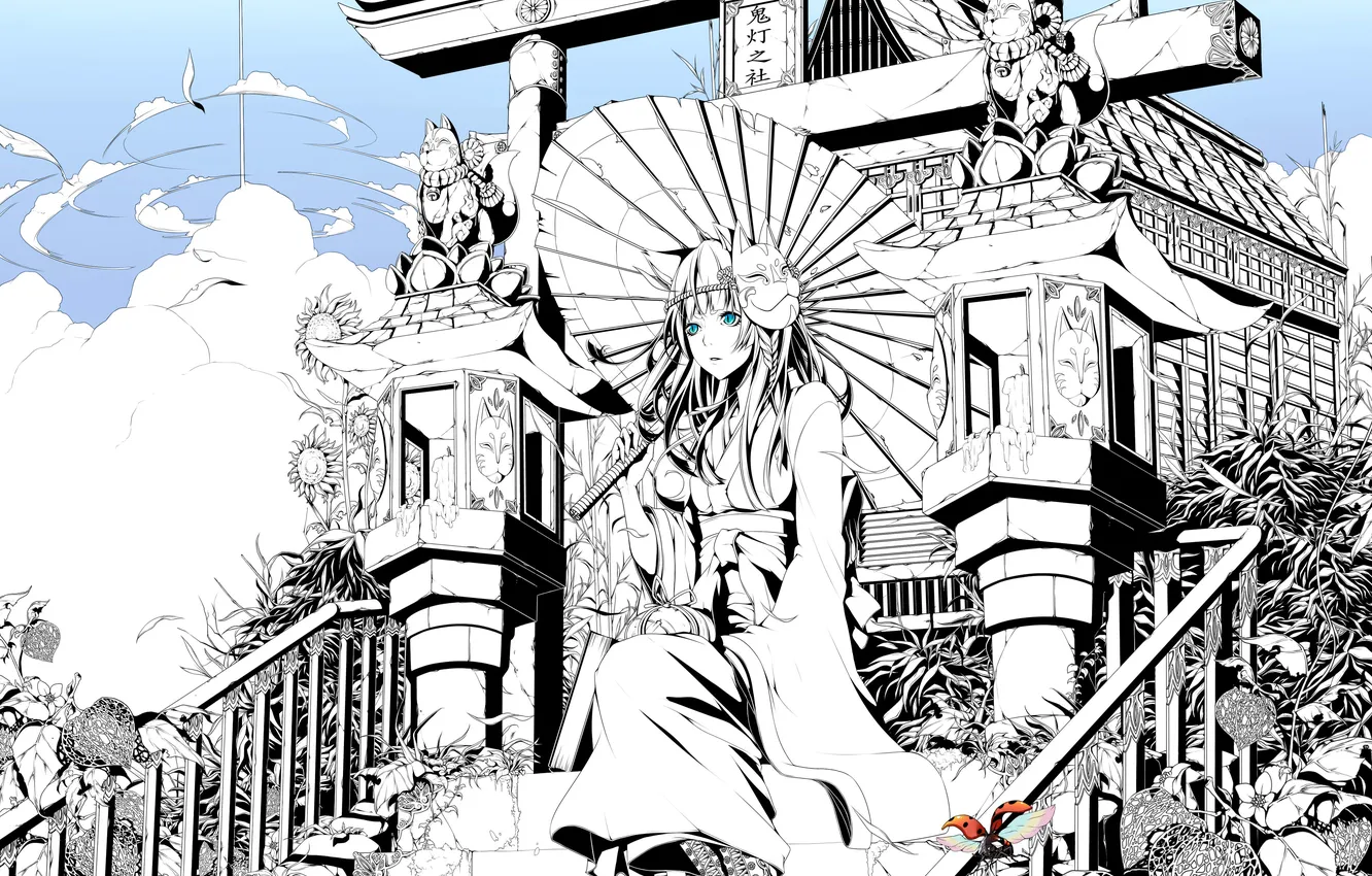 Фото обои божья коровка, Девушка, зонт, маска, храм