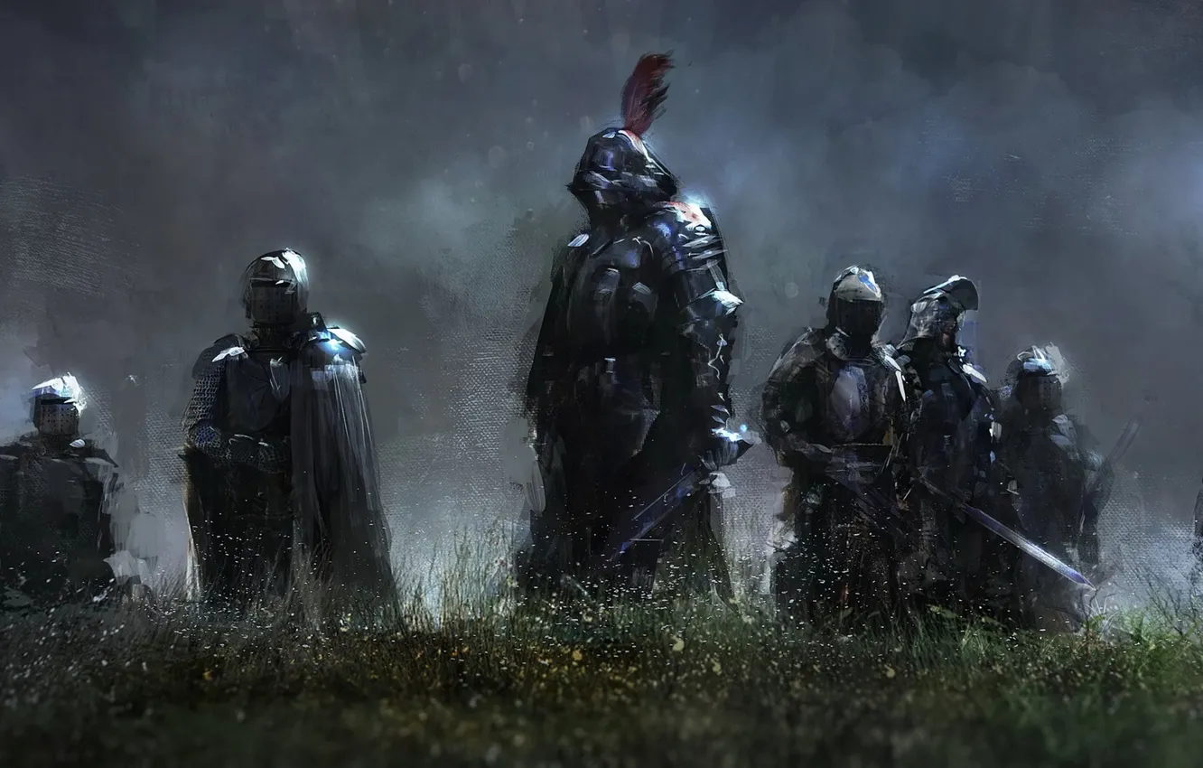 Фото обои трава, туман, оружие, воин, Рыцарь, доспех