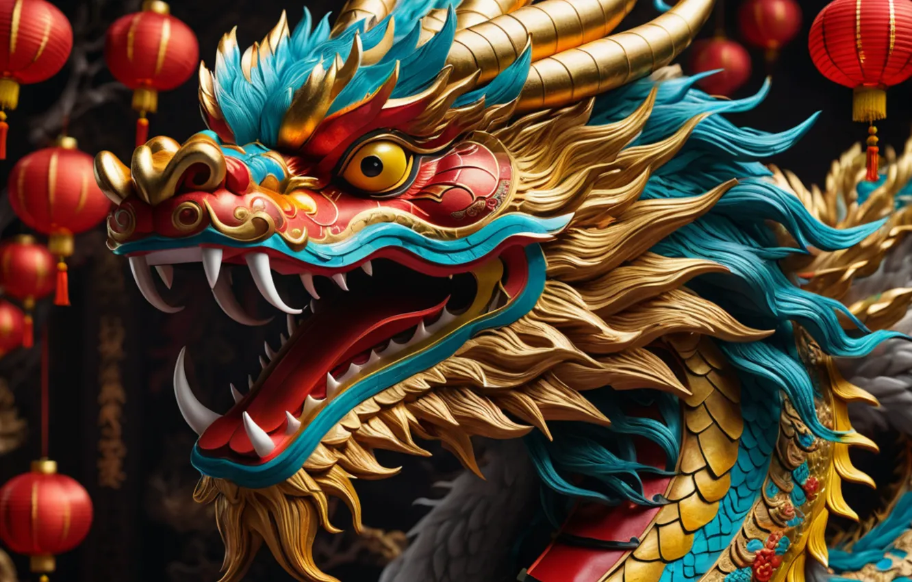 Фото обои дракон, colorful, Новый год, golden, золотой, symbol, китайский, символ года