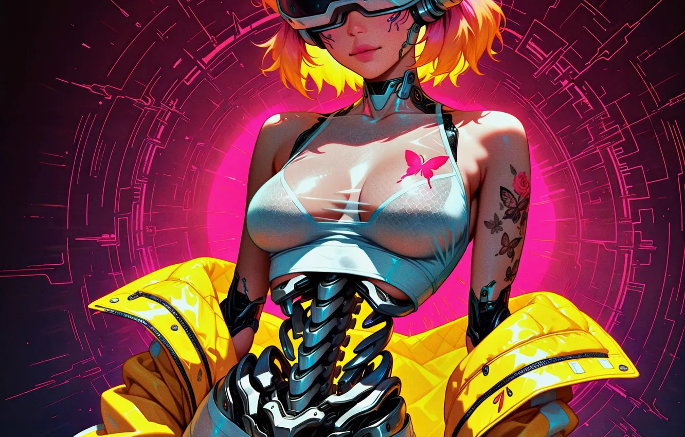 Фото обои girl, fantasy, robot, pink hair, science fiction, sci-fi, cyberpunk, tattoo