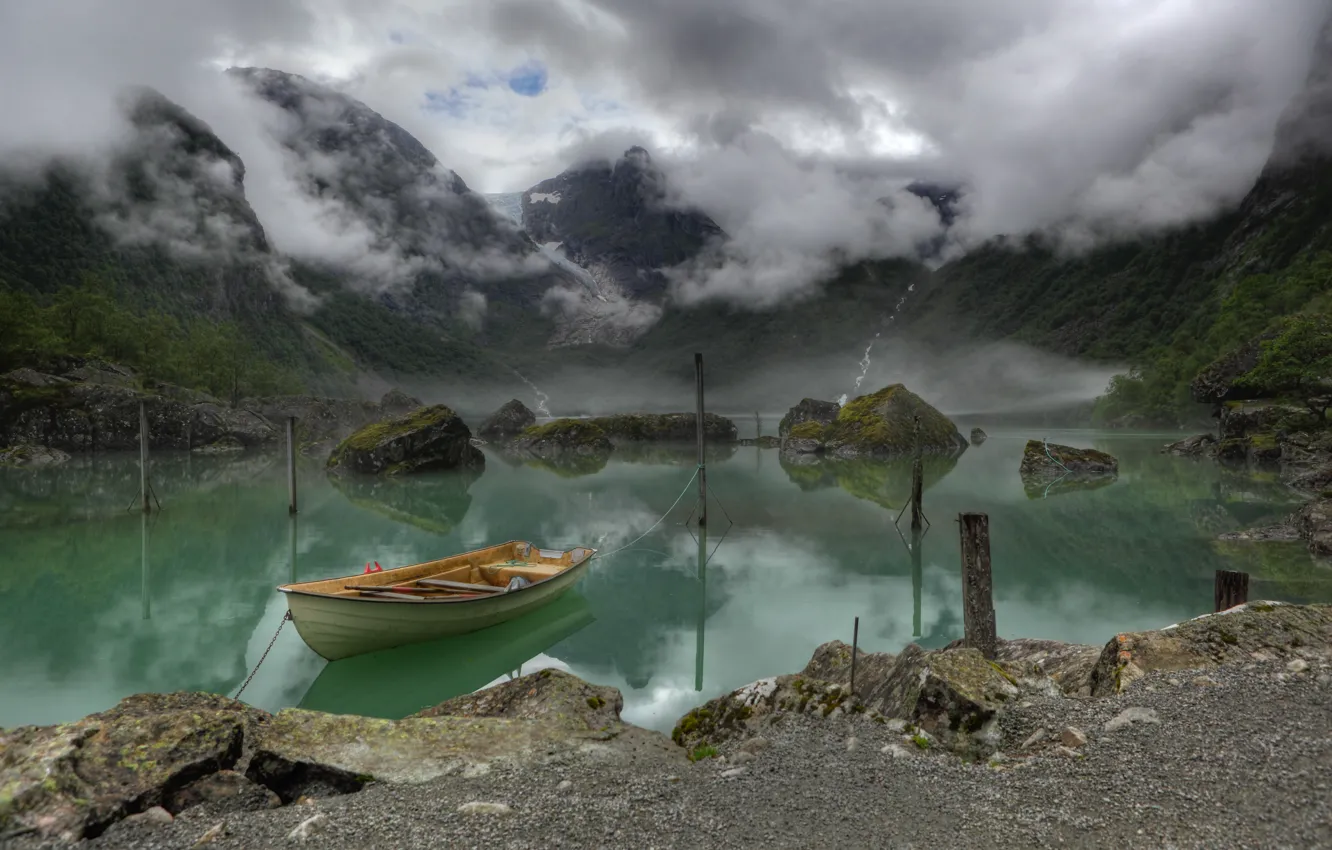 Фото обои горы, туман, озеро, лодка, Norway, Lake, Bondhus