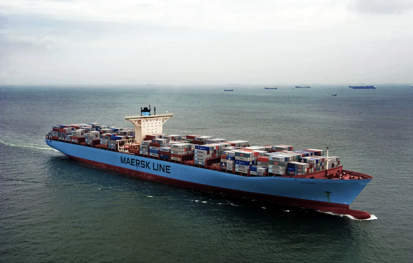 Фото обои Судно, Line, Грузовой, Контейнеровоз, Рейд, Контейнера, Maersk, Maersk Line