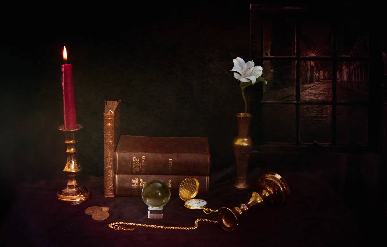 Фото обои цветок, часы, книги, свеча, монеты, натюрморт
