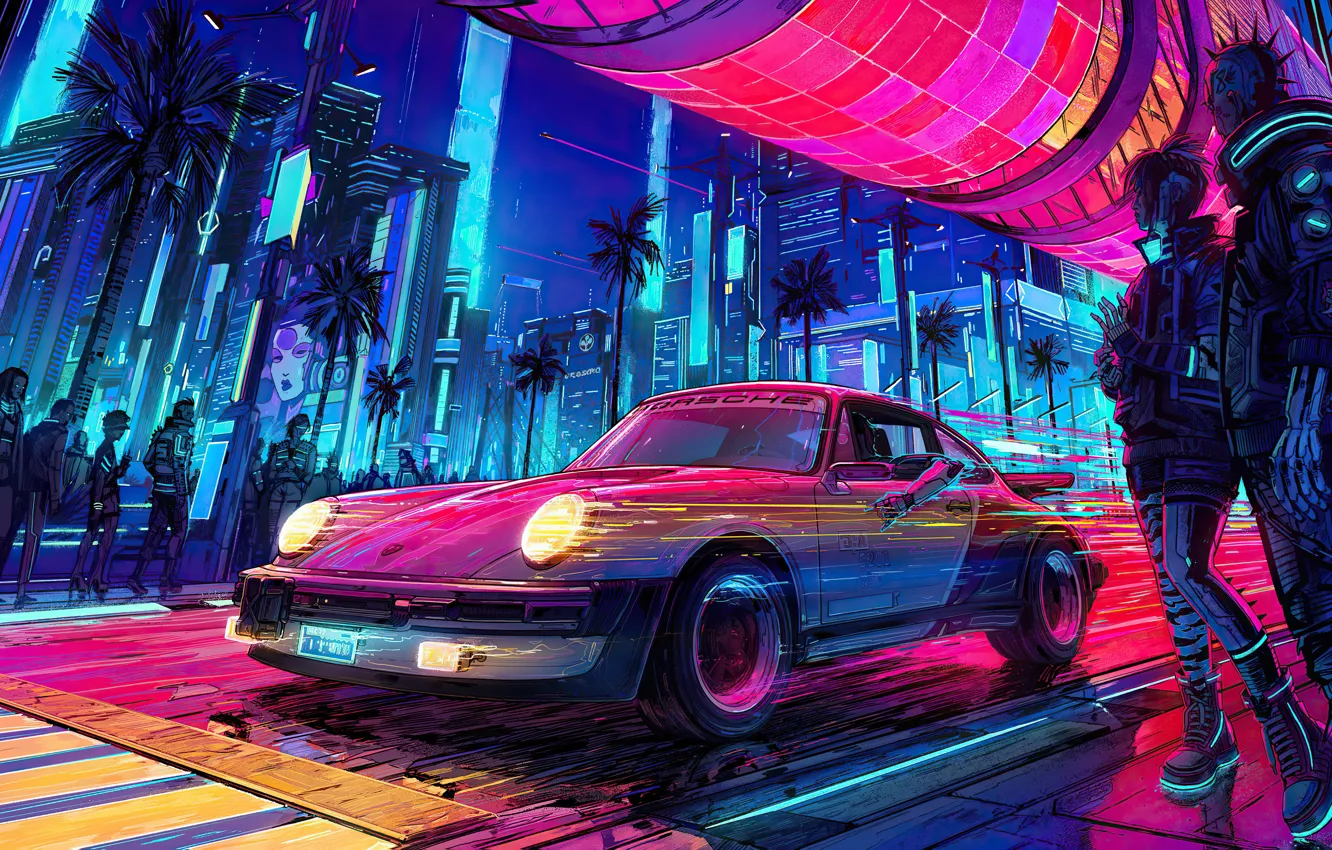 Фото обои будущее, пальмы, люди, игра, скорость, технологии, неон, future