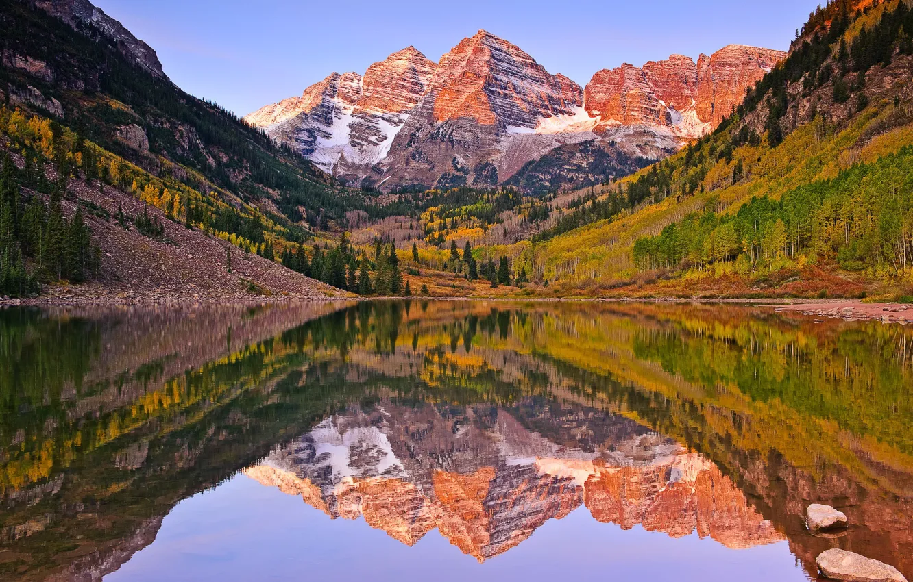 Фото обои осень, озеро, отражение, гора, утро, США