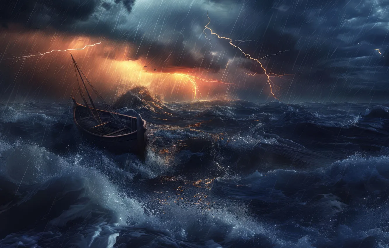 Фото обои Nature, Lightning, Storm, Sea, Boat, Waves, Thunderstorm