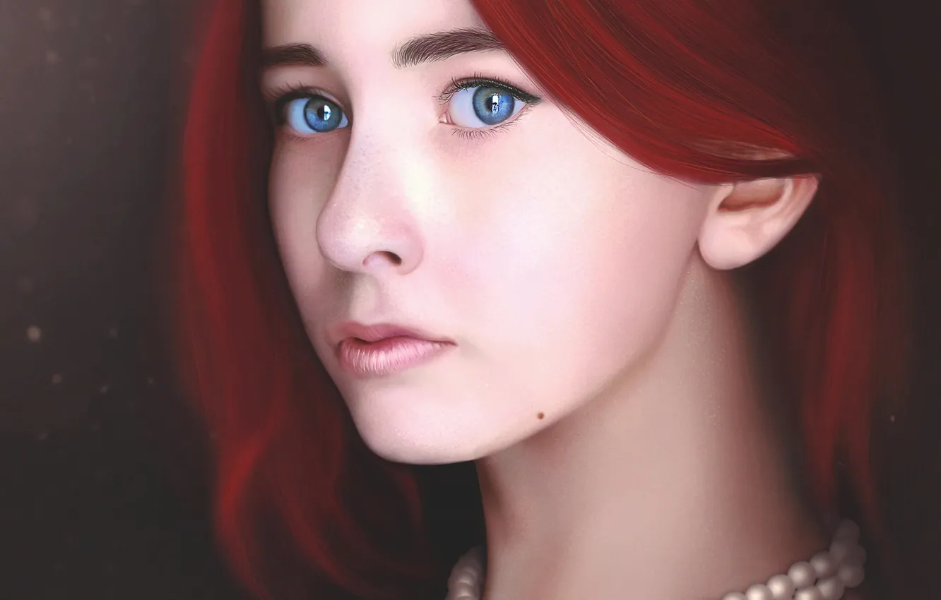 Фото обои взгляд, девушка, лицо, арт, бусы, красные волосы