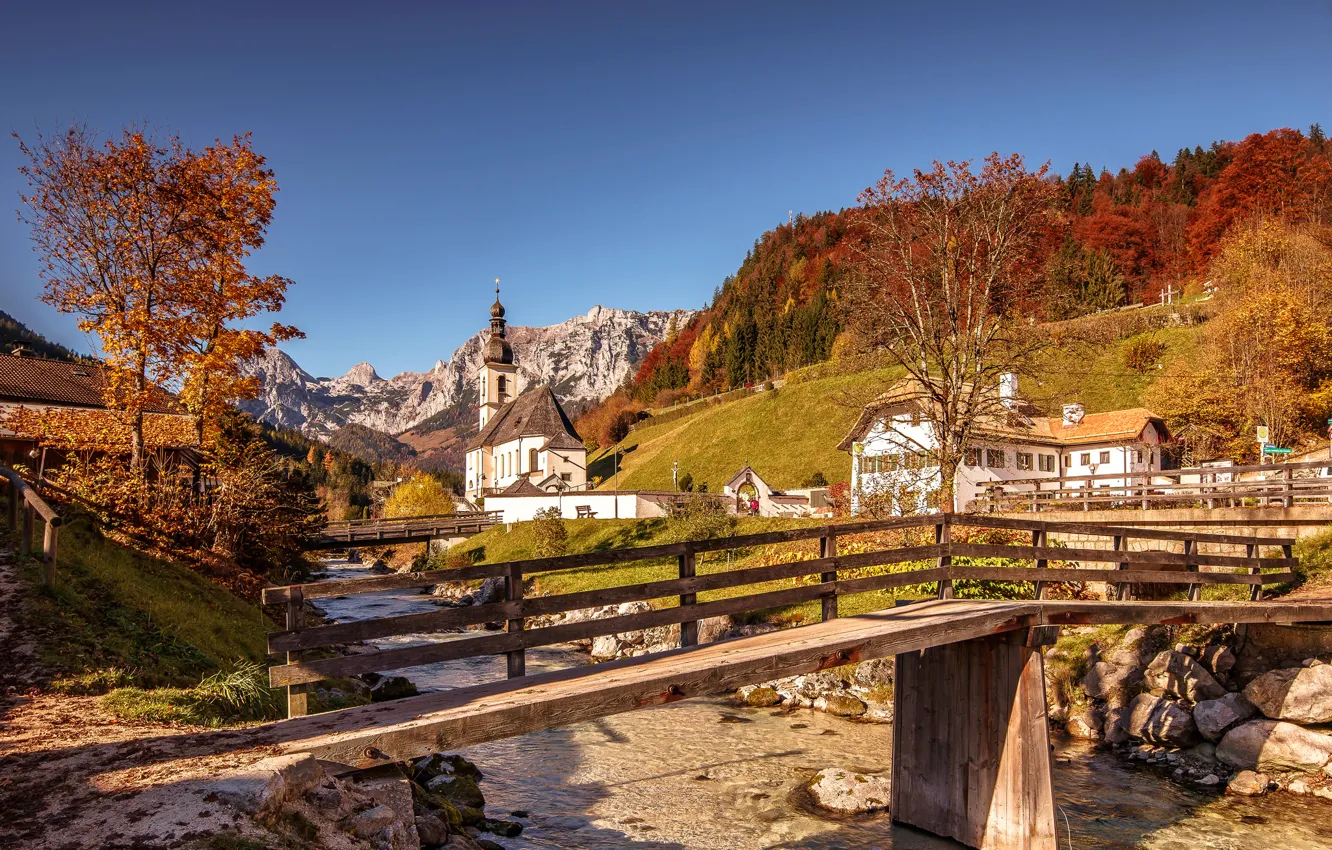 Фото обои осень, деревья, горы, мост, дом, река, Германия, Бавария