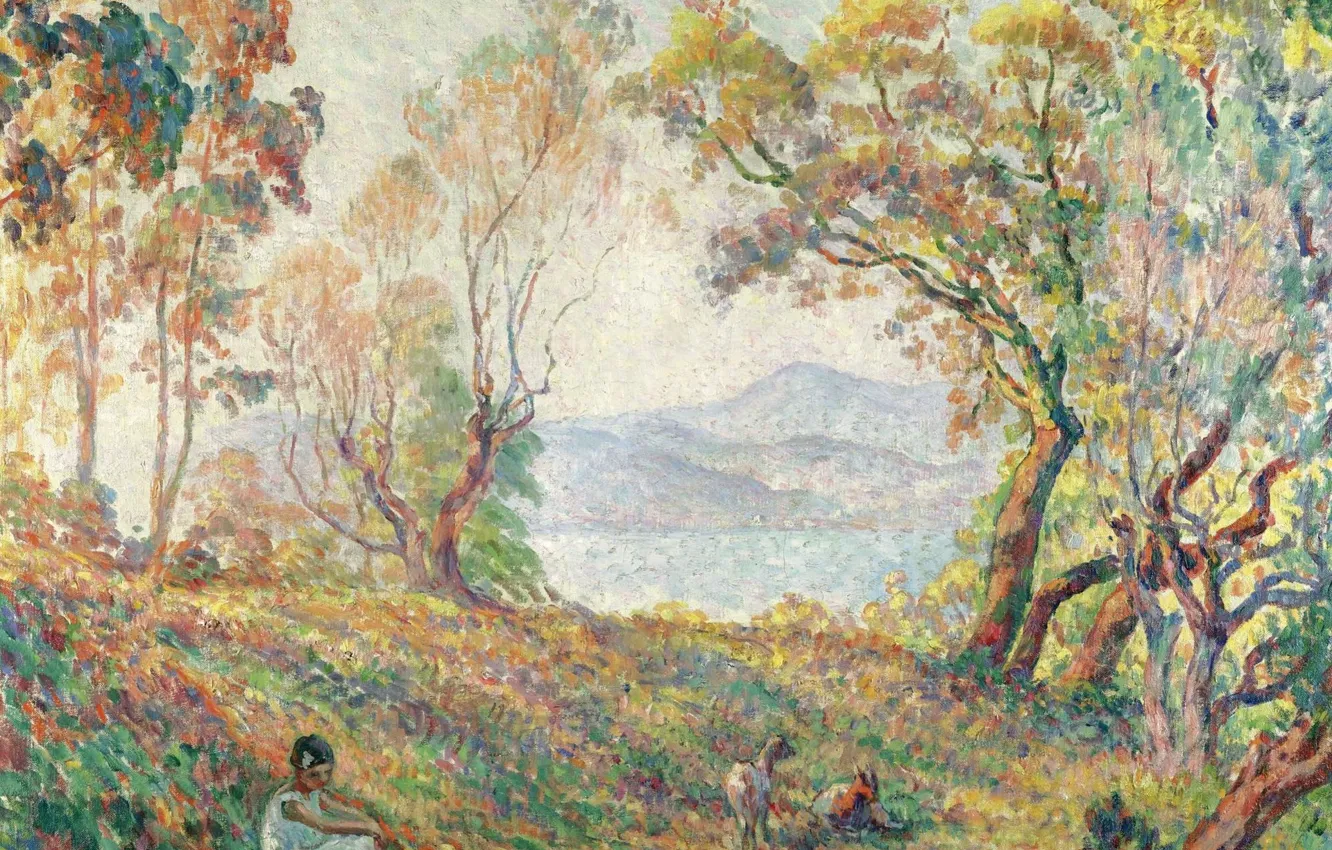 Фото обои пейзаж, картина, Henri Lebasque, Анри Лебаск, Молодая Девушка в Лесу