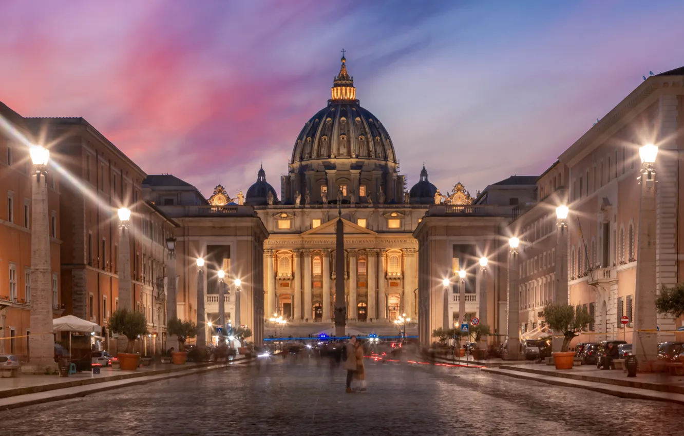 Фото обои ночь, освещение, площадь, Рим, фонари, Италия, архитектура, Ватикан