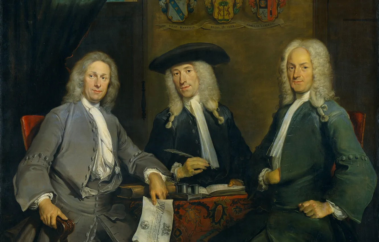 Фото обои масло, портрет, картина, холст, Корнелис Трост, Cornelis Troost, 1731, Три Управляющих Гильдией Хирургов в Амстердаме
