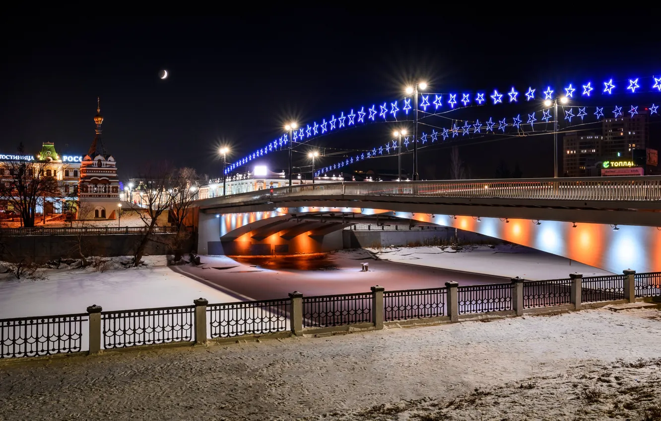 Фото обои фото, Дома, Зима, Мост, Ночь, Город, Река, Россия