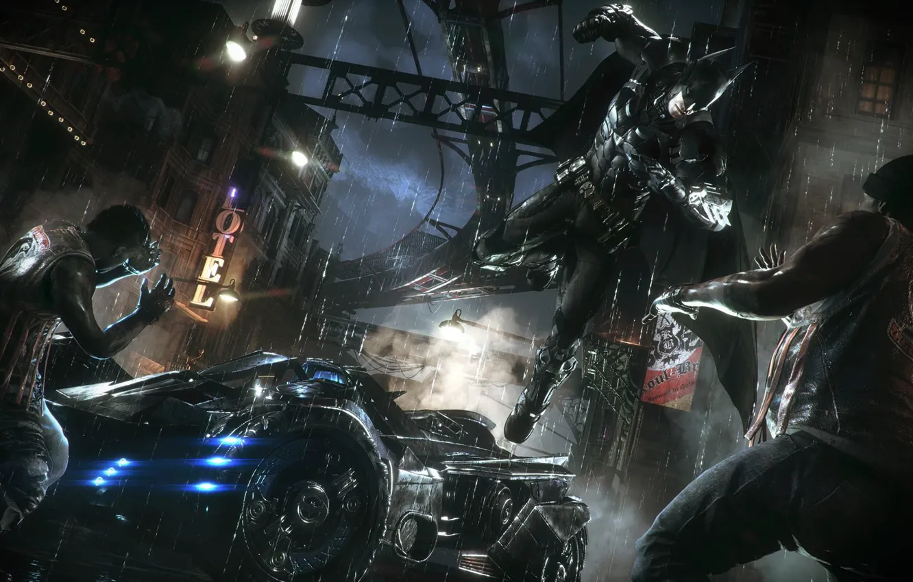 Фото обои City, Batman, Batmobile, Бетмен, Arkham Knight