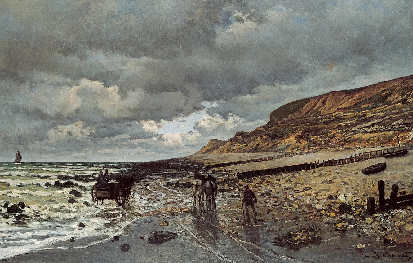 Фото обои море, пейзаж, берег, картина, Клод Моне, The Headland of the Heve at Low Tide