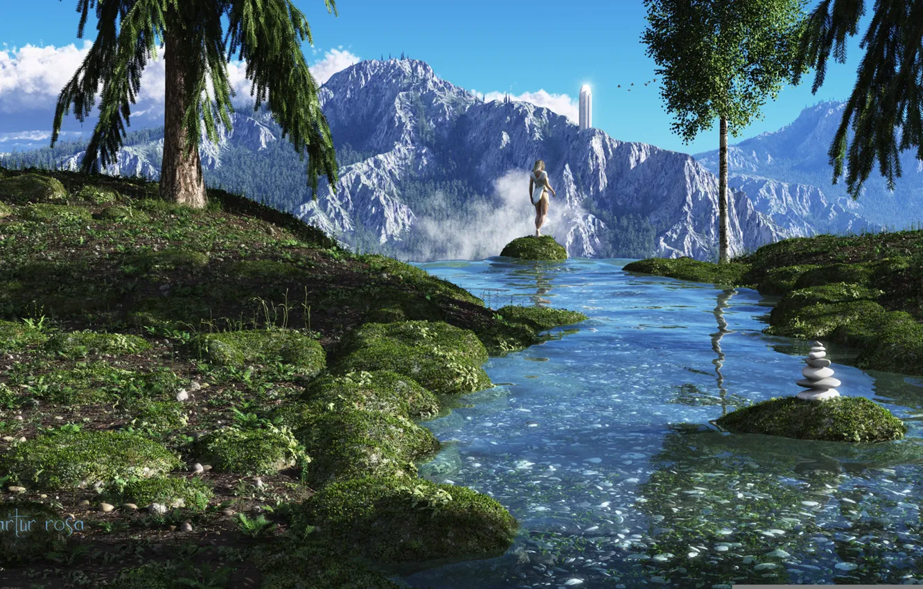 Фото обои девушка, деревья, горы, река, ручей, камень, вид, башня