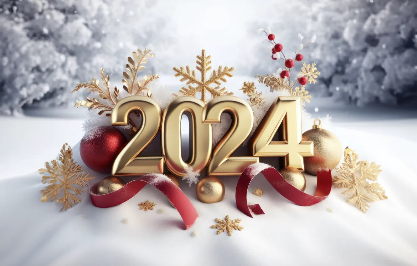 Фото обои цифры, Новый год, golden, snow, decoration, numbers, New year, 2024