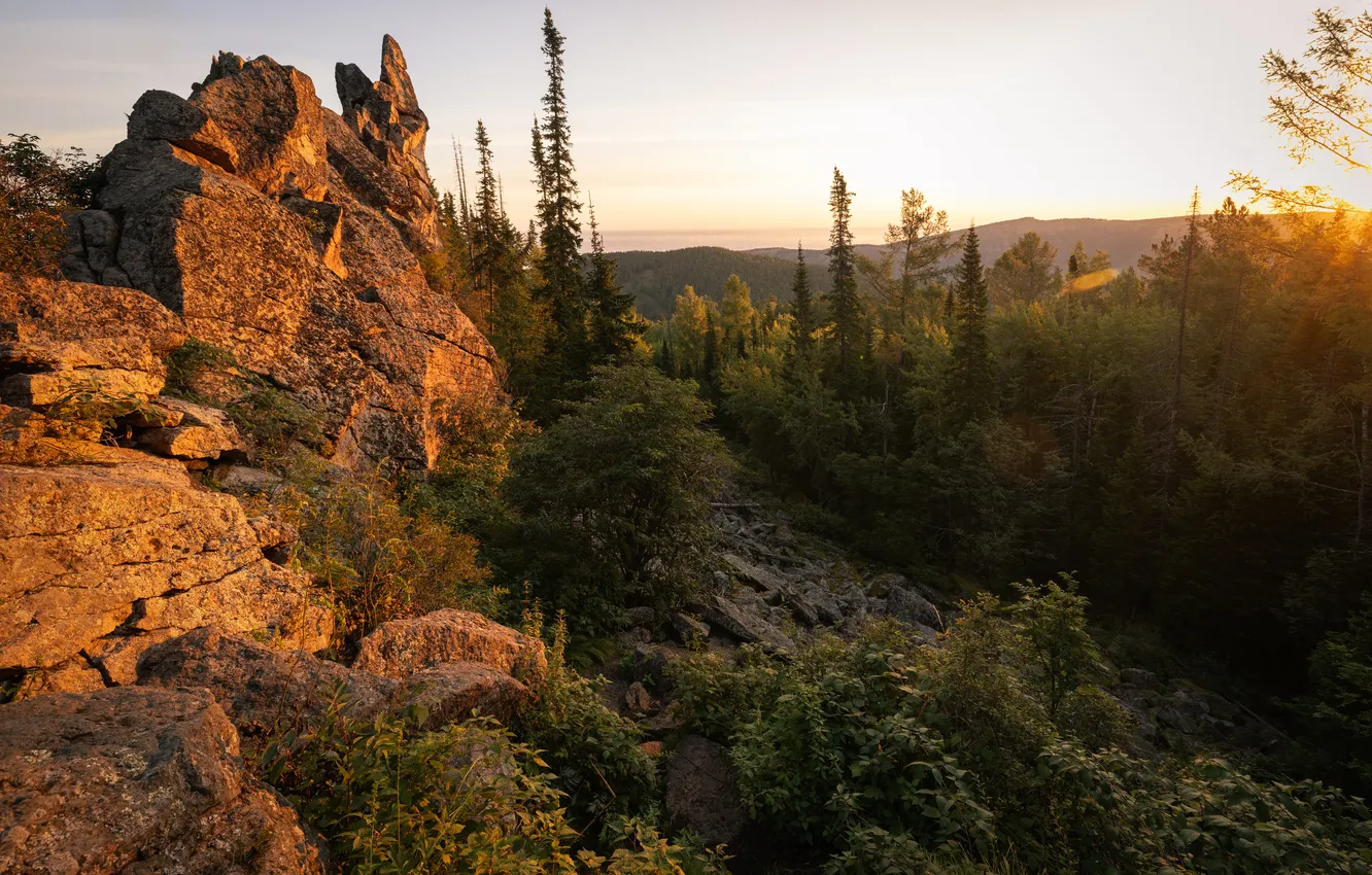 Фото обои sunset, mountains, view, rocks