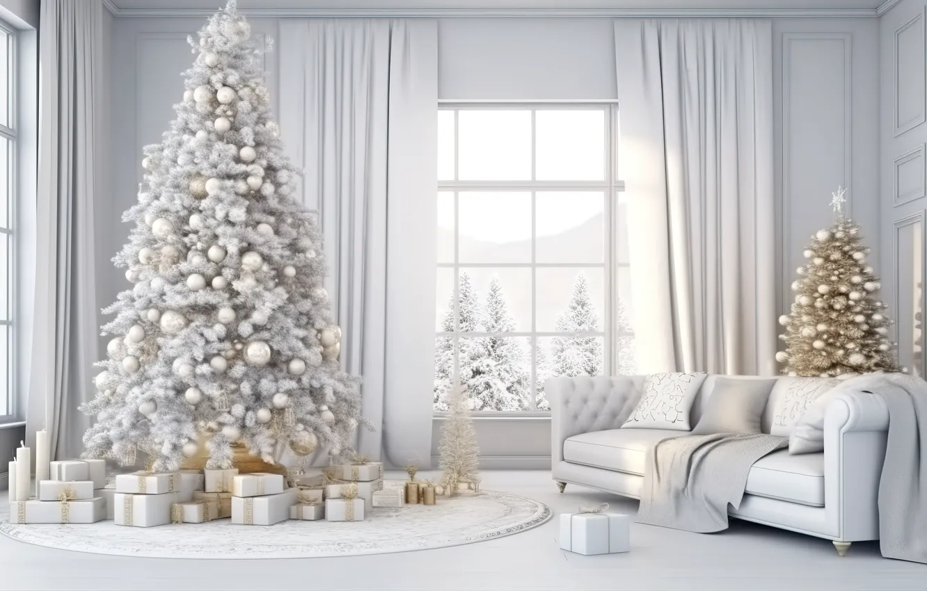 Фото обои зима, украшения, комната, шары, елка, интерьер, Новый Год, Рождество