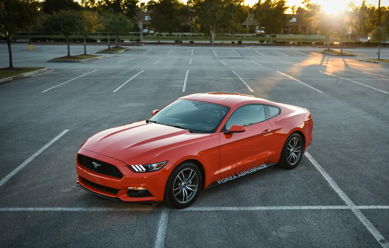 Фото обои Ford, mustang, red, parking, 2015