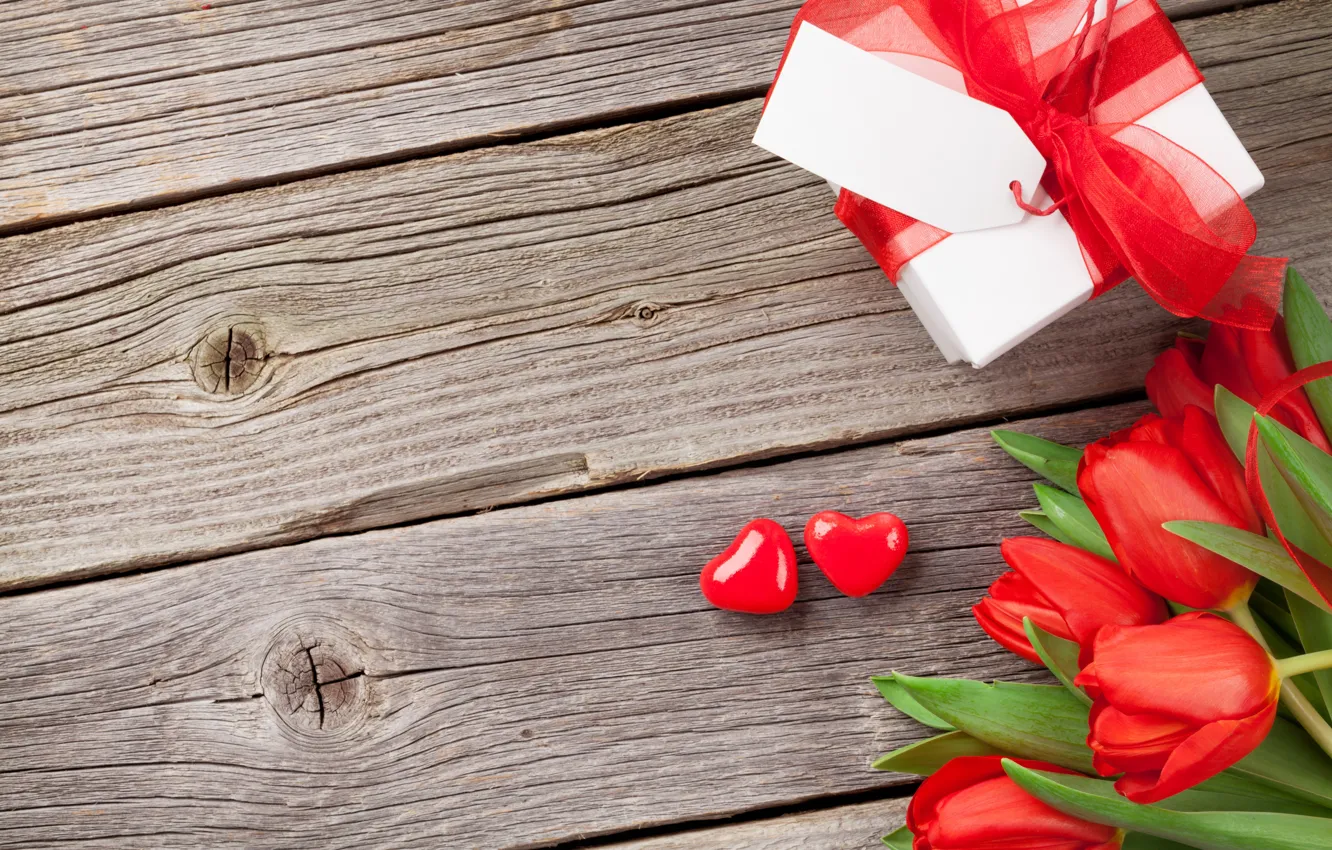 Фото обои любовь, цветы, подарок, букет, сердечки, тюльпаны, red, love