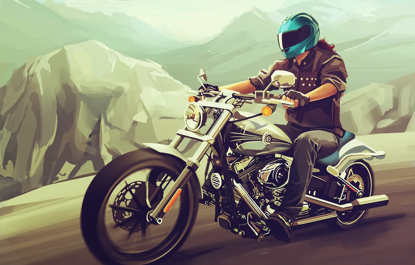 Фото обои Рисунок, Шлем, Мотоцикл, Harley-Davidson