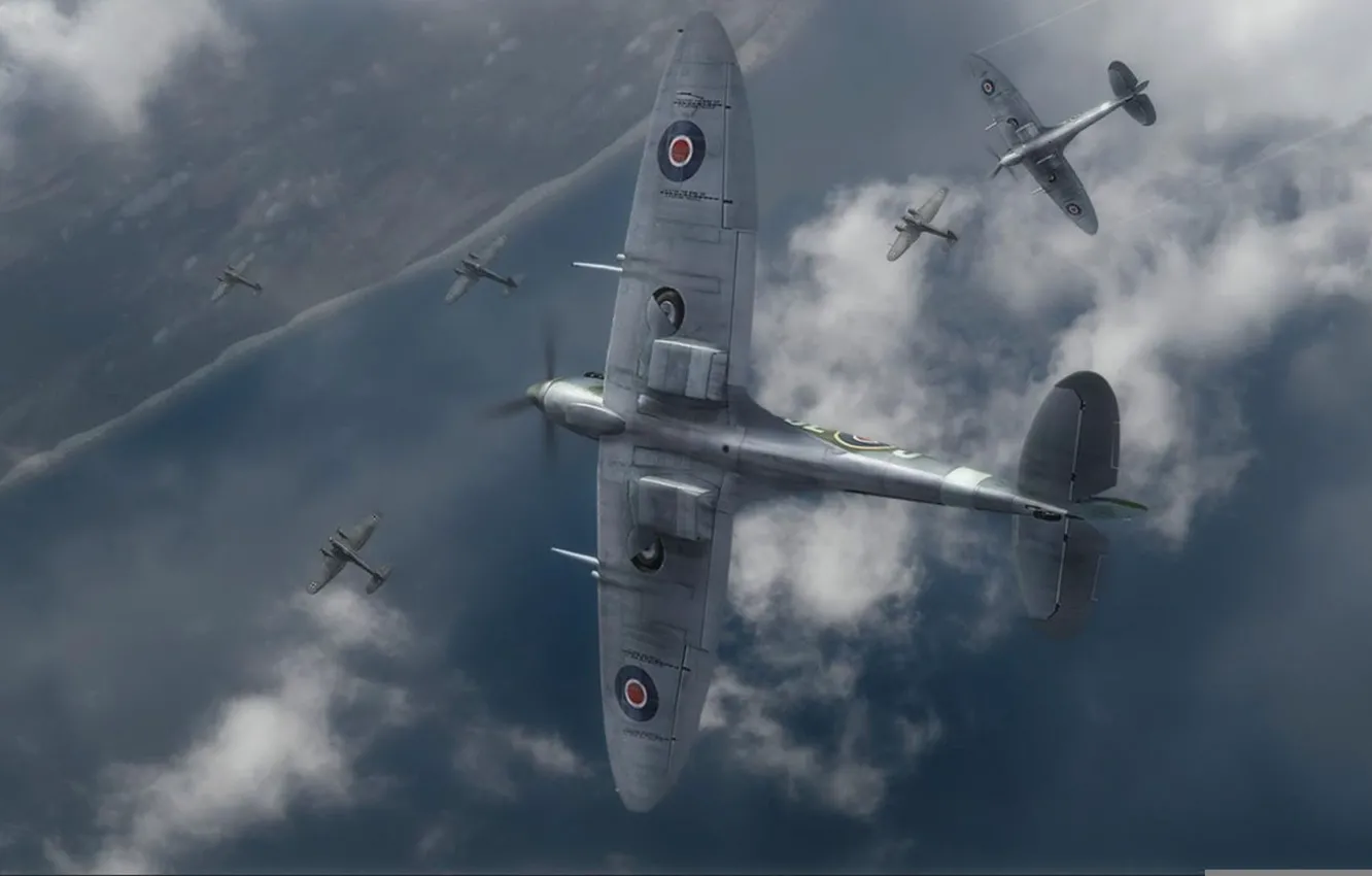 Фото обои побережье, графика, арт, Spitfire, бомбордировщики, Supermarine, he-111, английский истребитель
