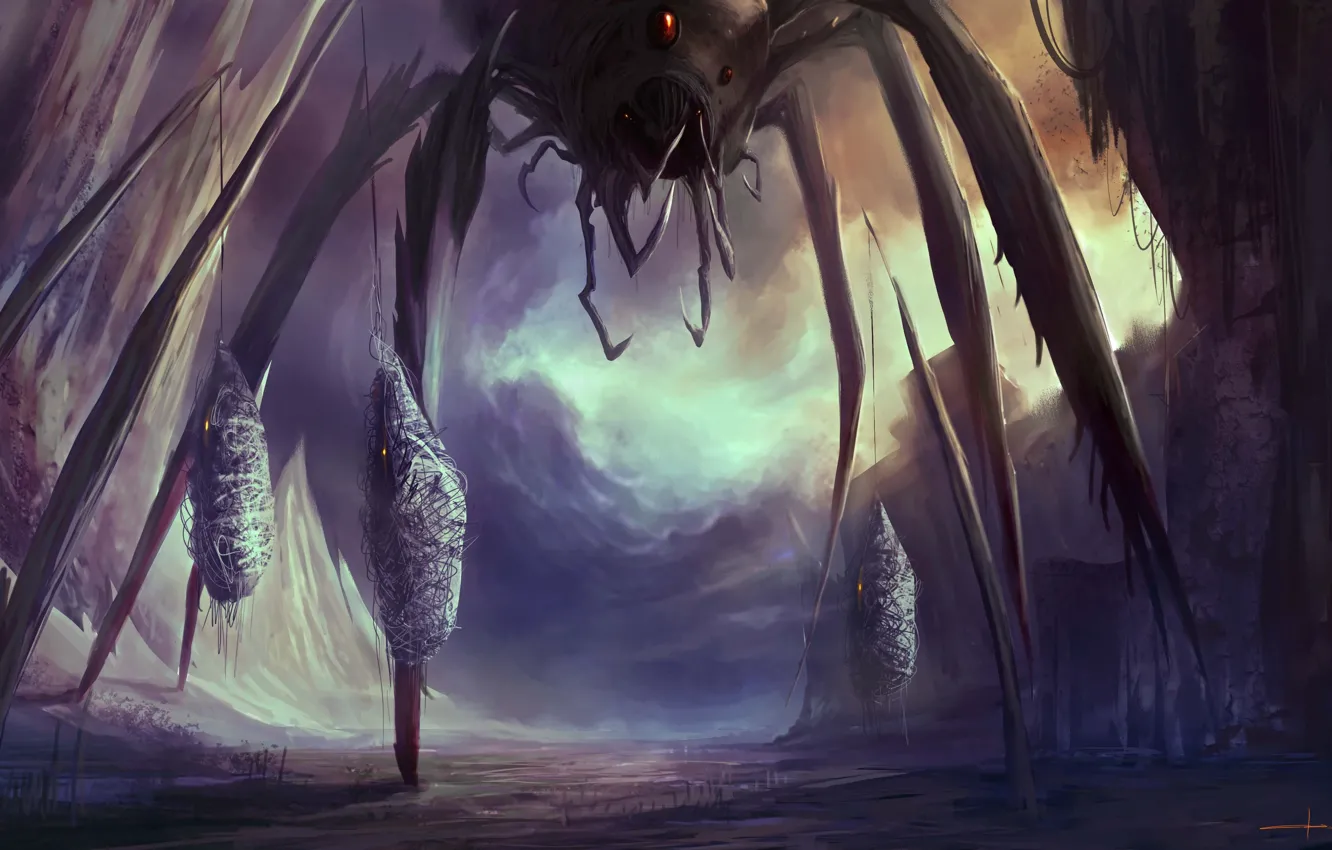 Фото обои монстр, паутина, паук, арт, гигантский, пленники, cloudminedesign, жертвы