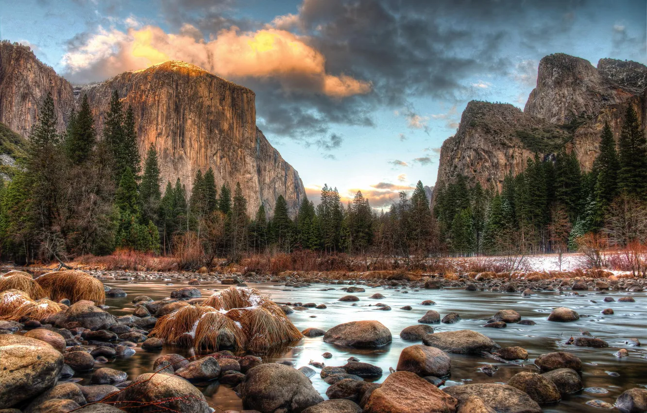 Фото обои зима, лес, горы, река, камни, Национальный парк Йосемити, Yosemite National Park