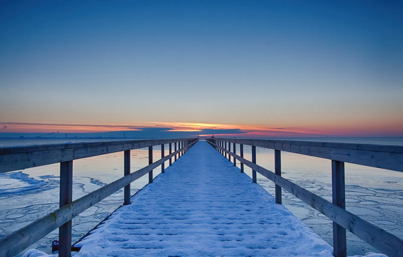 Фото обои зима, мост, озеро, Sweden, Skane, Lomma