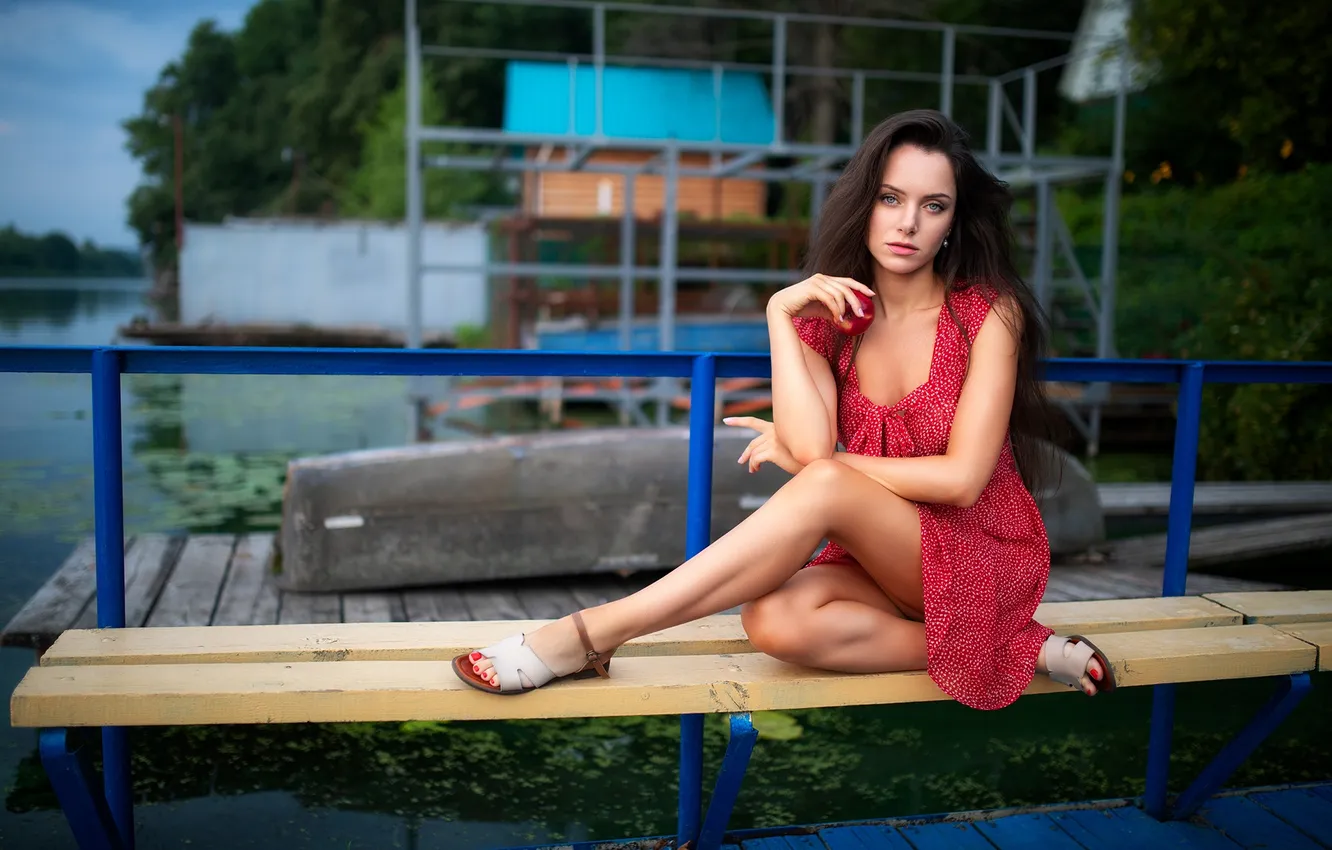 Фото обои девушка, милая, модель, Яблоко, брюнетка, Обои, красивая, Sexy