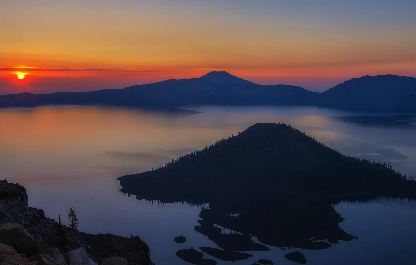 Фото обои горы, озеро, рассвет, USA, кратер, Oregon, Crater Lake