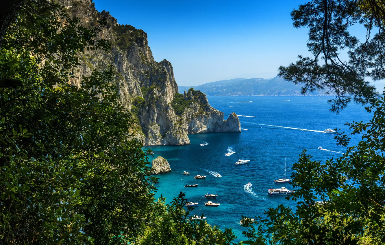 Фото обои Природа, Яхта, Скала, Италия, Побережье, Capri, Парусные