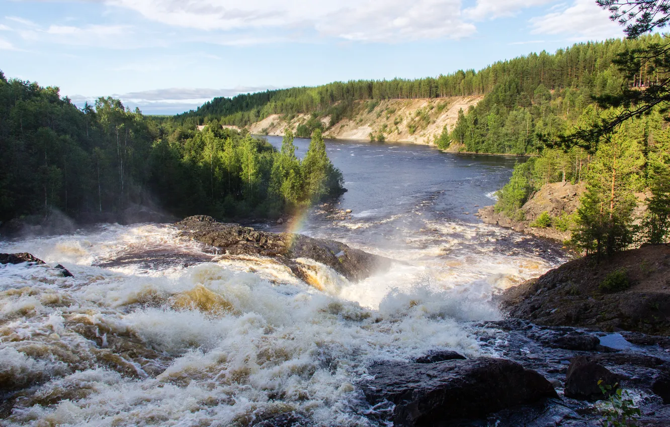 Фото обои лето, река, водопад, радуга, россия, север, Карелия, Гирвас