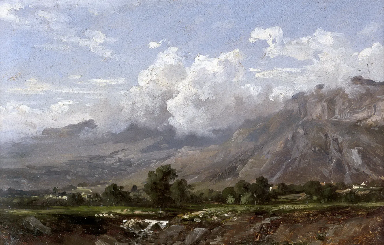 Фото обои облака, природа, картина, Карлос де Хаэс, Горный Пейзаж