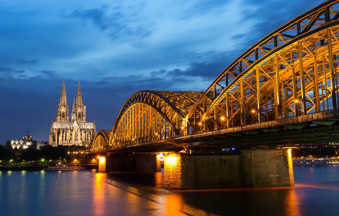 Фото обои ночь, мост, огни, река, Германия, опора, собор, Кёльн
