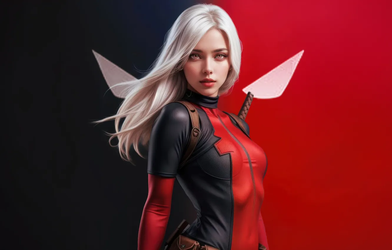 Фото обои красное, черное, digital art, цифровое искусство, Супергерои, Lady Deadpool, блодинка, красивая девшука