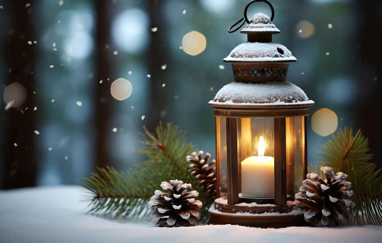 Фото обои зима, снег, ночь, Рождество, фонарь, Новый год, Christmas, night