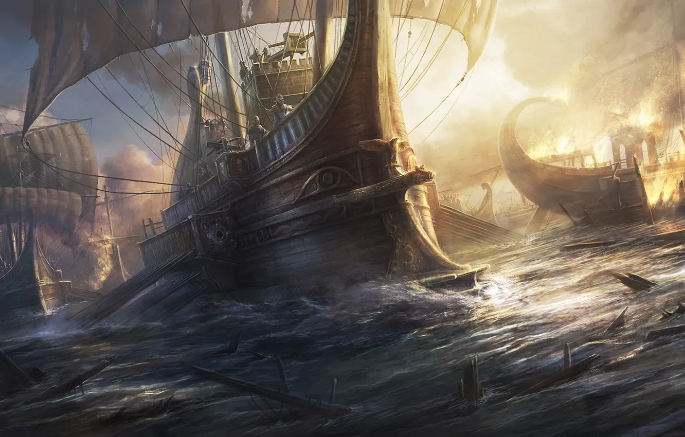 Фото обои море, обломки, огонь, дым, парусник, корабли, арт, битва