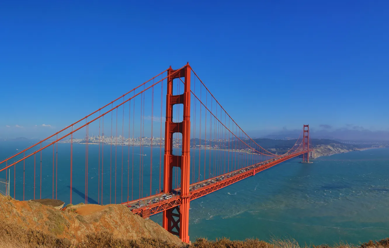 Фото обои море, небо, город, Сан Франциско, мост Золотые ворота, опорв