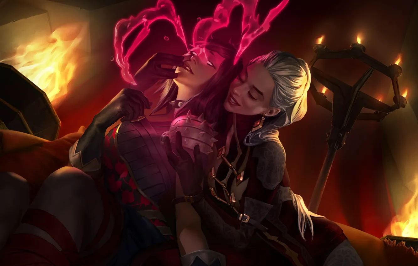 Фото обои девушка, огни, факел, Legends of Runeterra