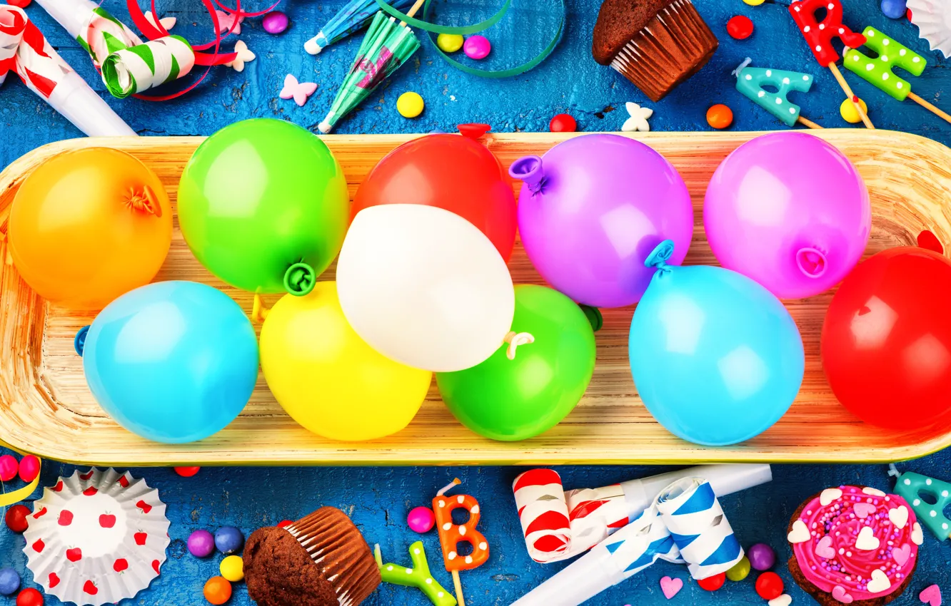 Фото обои украшения, воздушные шары, конфеты, сладости, Happy Birthday, decoration, День Рождения, holiday celebration